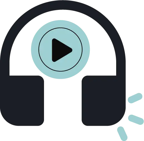 Black headset icon with a central blue play button and sound waves radiating outward, representing on-demand audio support and customer engagement through an AI voice agent integrated into a knowledge management system.