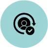 Black icon of a person silhouette with a checkmark inside a circular arrow on a blue background, symbolizing verified user access and seamless integration of AI voice agent with a knowledge management system.