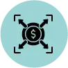 Black icon showing a dollar sign in a circle with four arrows pointing outward on a blue background, representing cost optimization and revenue growth driven by an AI voice agent and an advanced knowledge management system.