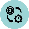 Circular icon combining a dollar coin and a gear connected by arrows, illustrating efficient time and resource management using a knowledge management system powered by AI voice agents.