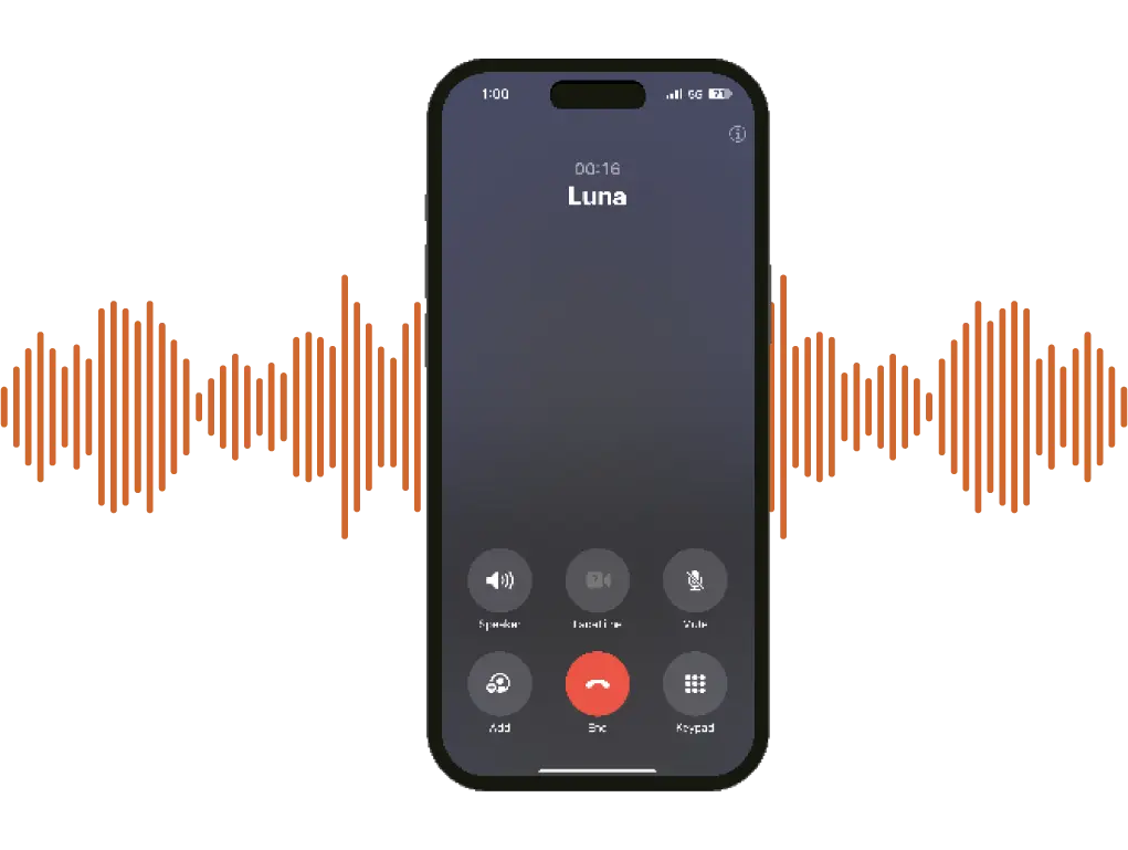 Modern smartphone screen showing an active call labeled “Luna,” surrounded by orange sound waves, depicting real-time conversations powered by an AI voice agent integrated into a knowledge management system.