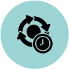 Circular black icon with rotating arrows around a clock on a blue background, depicting time optimization and automated workflows through a knowledge management system using an AI voice agent.