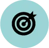 Black bullseye target with an arrow hitting the center, set against a blue circle, representing goal achievement and precision insights delivered by an AI voice agent and knowledge management system.