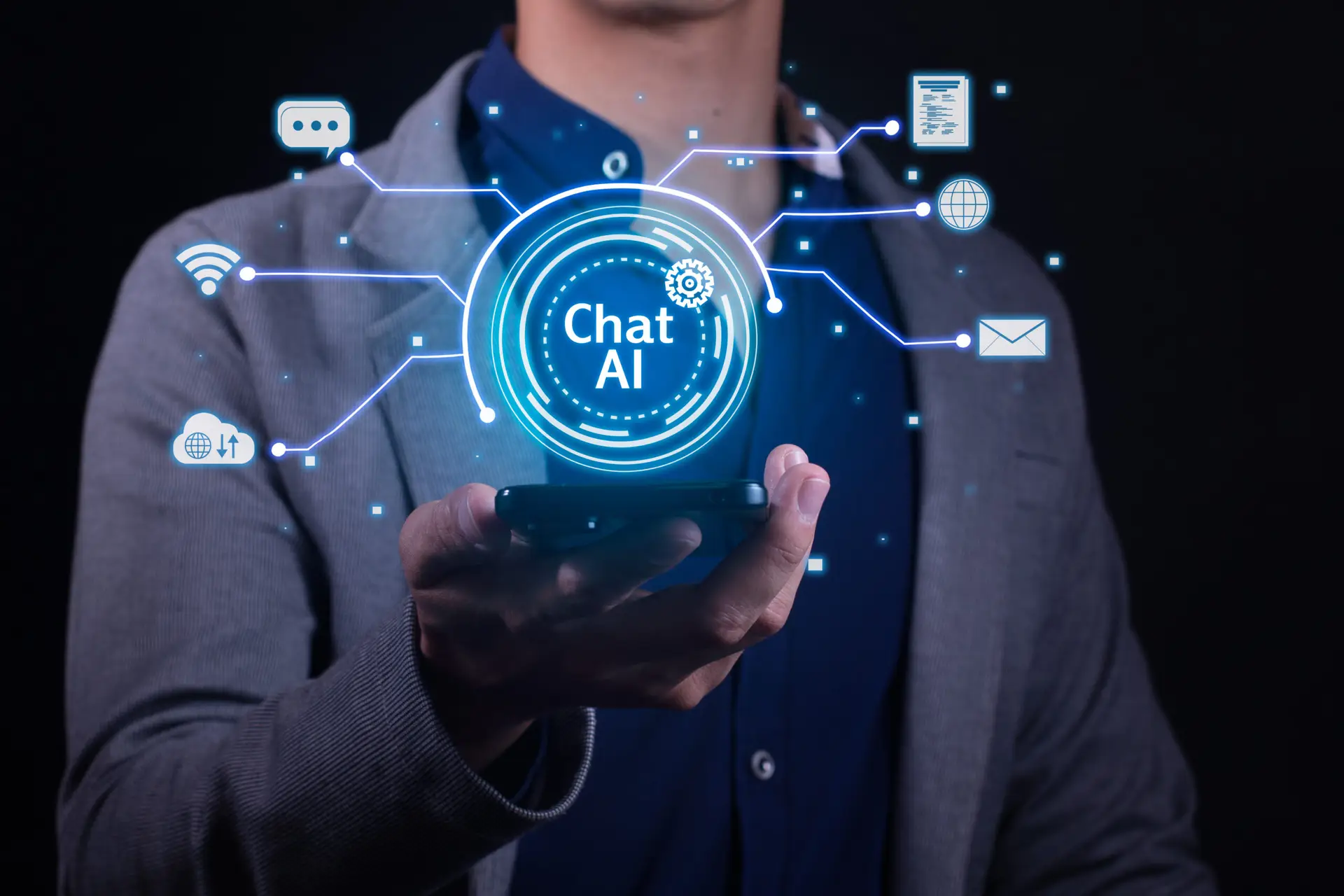 Business professional in a gray blazer holding a glowing blue hologram labeled “Chat AI,” surrounded by icons of messages, email, and notifications, representing an AI voice agent seamlessly integrated with a knowledge management system for real-time communication and support.