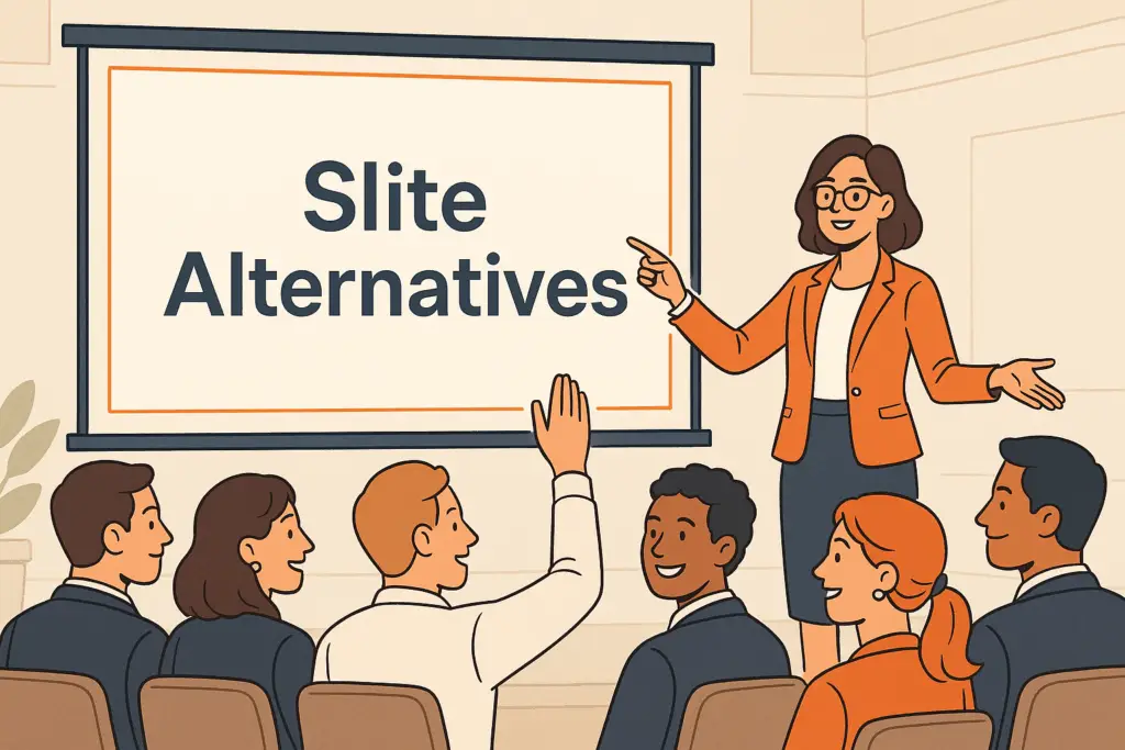 Cartoon-style illustration of a woman presenting ‘Slite Alternatives’ to a business audience, representing tools that compete with Slite for team knowledge sharing.