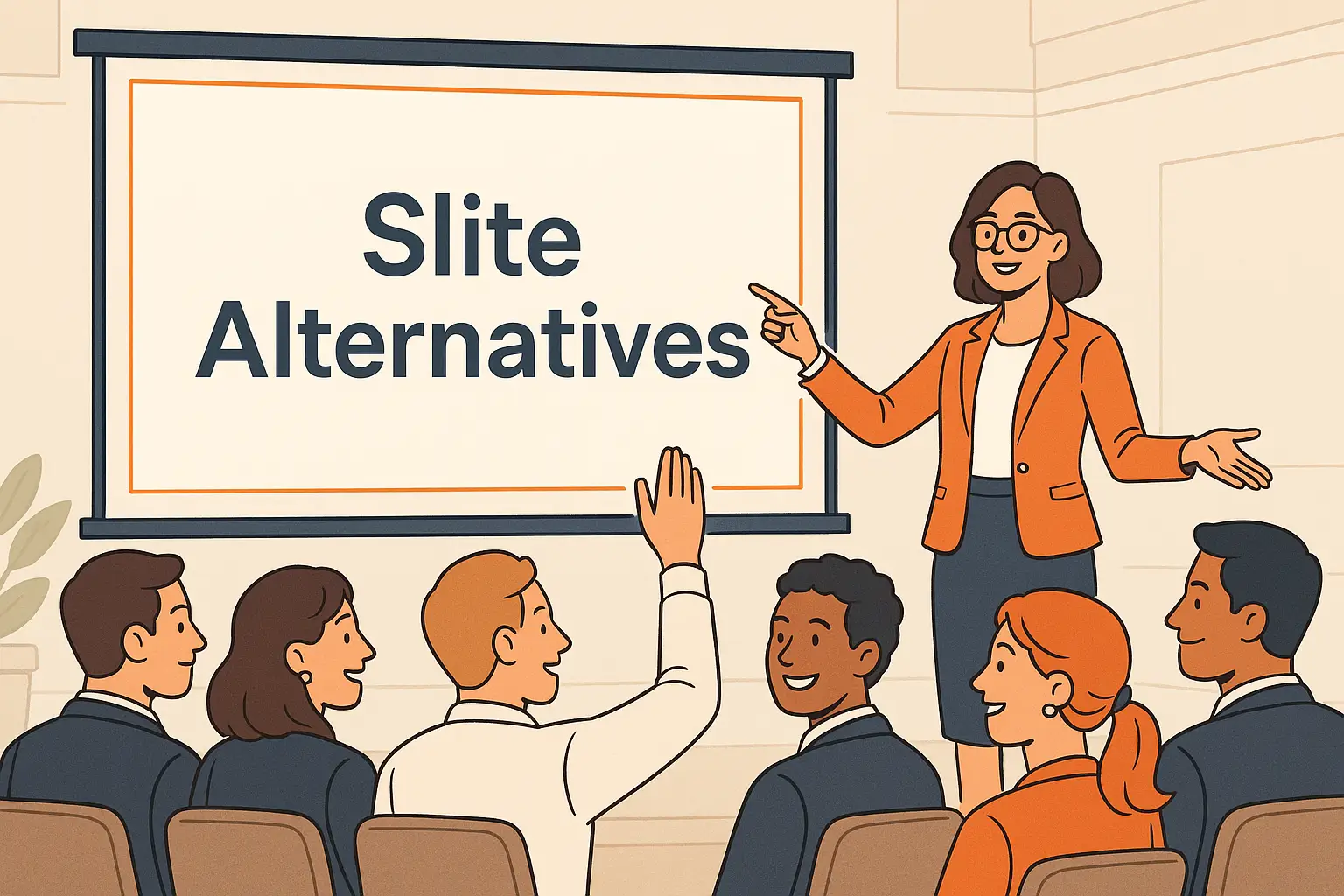 Cartoon-style illustration of a woman presenting ‘Slite Alternatives’ to a business audience, representing tools that compete with Slite for team knowledge sharing.