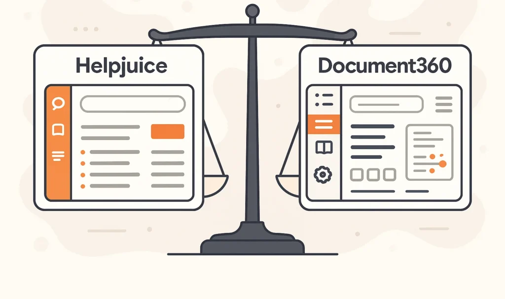 Illustration of Helpjuice and Document360 interfaces balanced on scales, visually comparing design, usability, and performance in Helpjuice vs Document360.