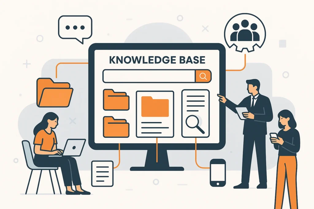 Vector illustration of employees collaborating around a large computer labeled ‘Knowledge Base,’ symbolizing teamwork, information organization, and centralized access in internal knowledge base software.