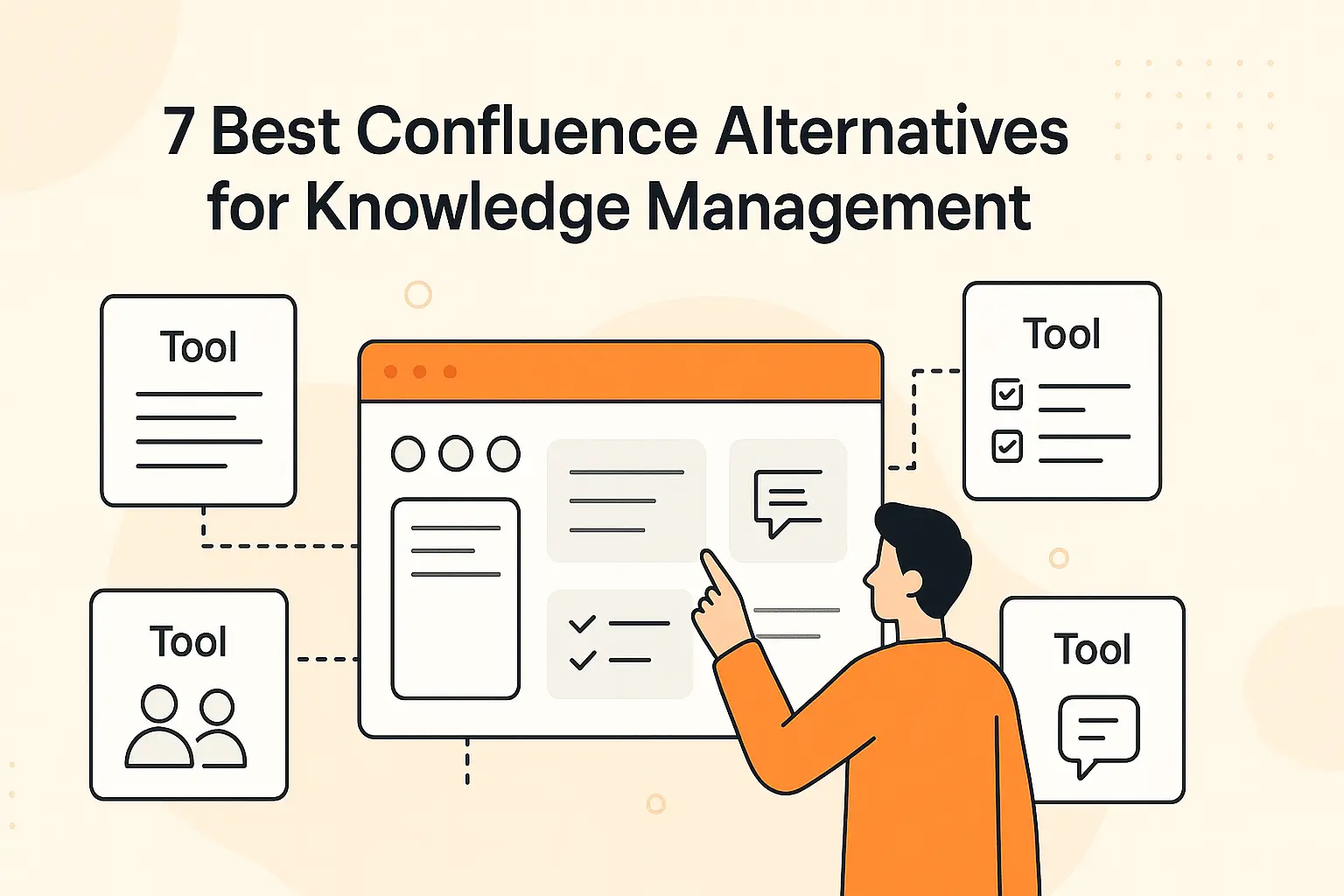 Illustration of a person pointing at a digital dashboard labeled “7 Best Confluence Alternatives for Knowledge Management,” representing modern tools that enhance collaboration and document control.