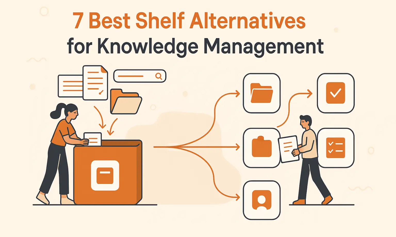 Illustration of two people organizing digital folders and files with arrows connecting data, visualizing workflow improvements through shelf alternatives.