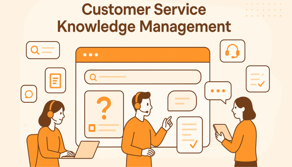 Illustrated graphic of three customer service agents using digital devices to collaborate on queries, symbolizing teamwork and efficiency through customer service knowledge management systems.