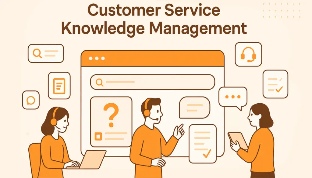 Illustrated graphic of three customer service agents using digital devices to collaborate on queries, symbolizing teamwork and efficiency through customer service knowledge management systems.
