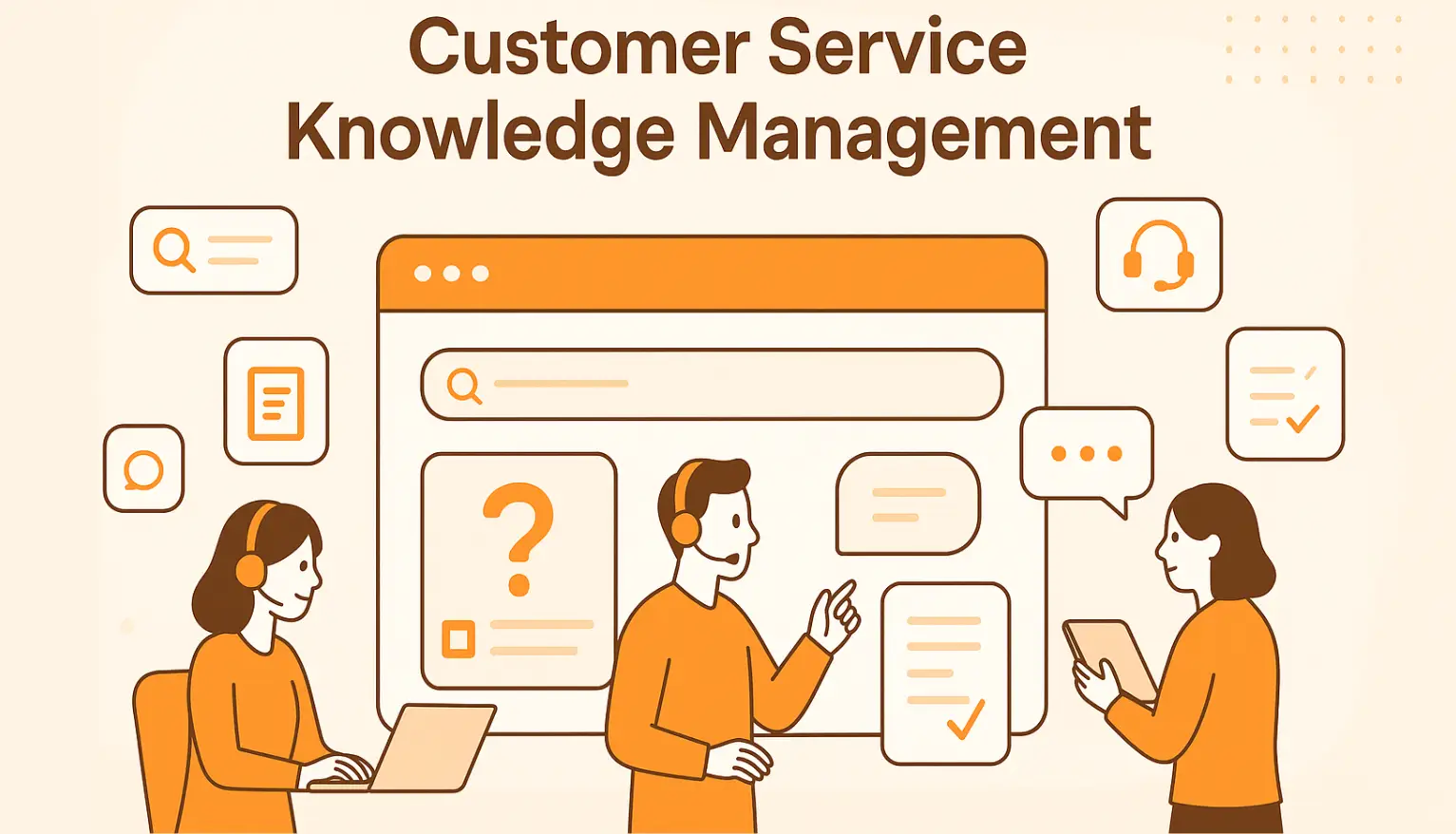 Illustrated graphic of three customer service agents using digital devices to collaborate on queries, symbolizing teamwork and efficiency through customer service knowledge management systems.