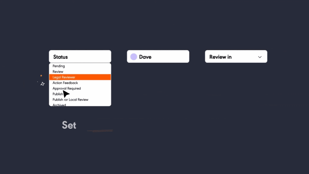 Dropdown menu animation showing a content review process with status options like pending, legal review, and publish—illustrating workflow automation in customer service knowledge management systems.