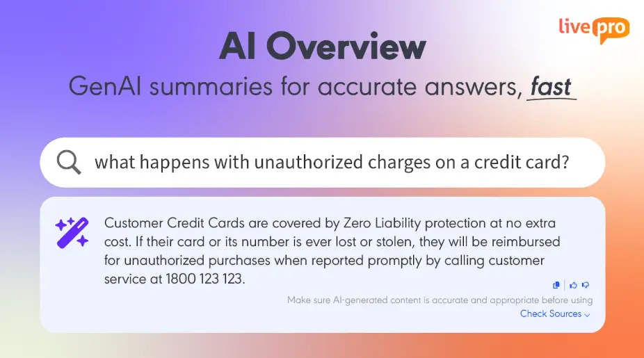 AI Overview interface showing an automated answer to a credit card inquiry, showcasing smart response generation in Confluence alternatives with AI-driven accuracy.