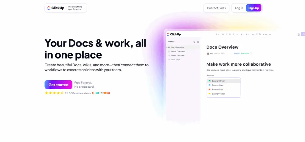 ClickUp homepage showing a clean dashboard for creating docs, wikis, and workflows, highlighting integrated project management capabilities in Confluence alternatives.