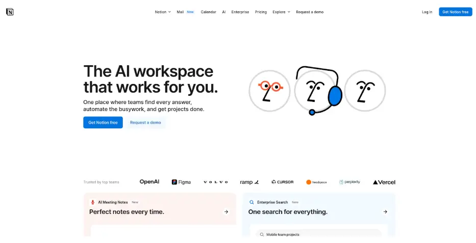 Notion homepage promoting an AI-powered workspace for managing projects, notes, and documents, demonstrating versatile all-in-one collaboration features among Confluence alternatives.
