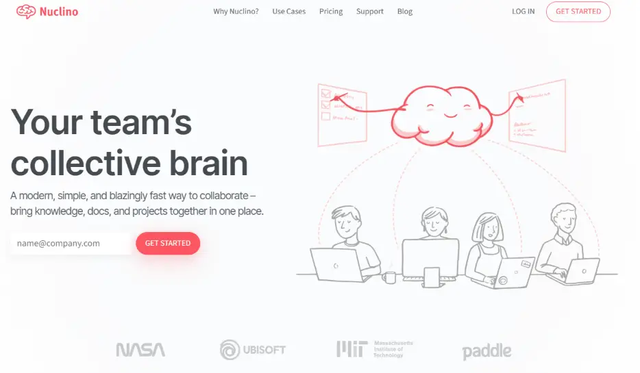 Nuclino homepage with an illustration of a cloud connecting team members, symbolizing collaborative teamwork and shared knowledge in Confluence alternatives.