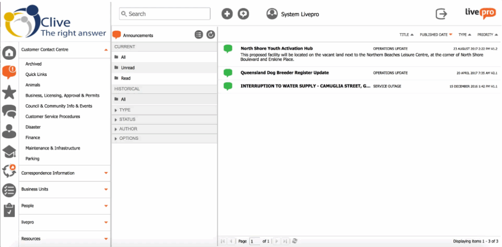 Clive dashboard showing categorized announcements and updates with timestamps, emphasizing streamlined internal communication within customer service knowledge management systems.