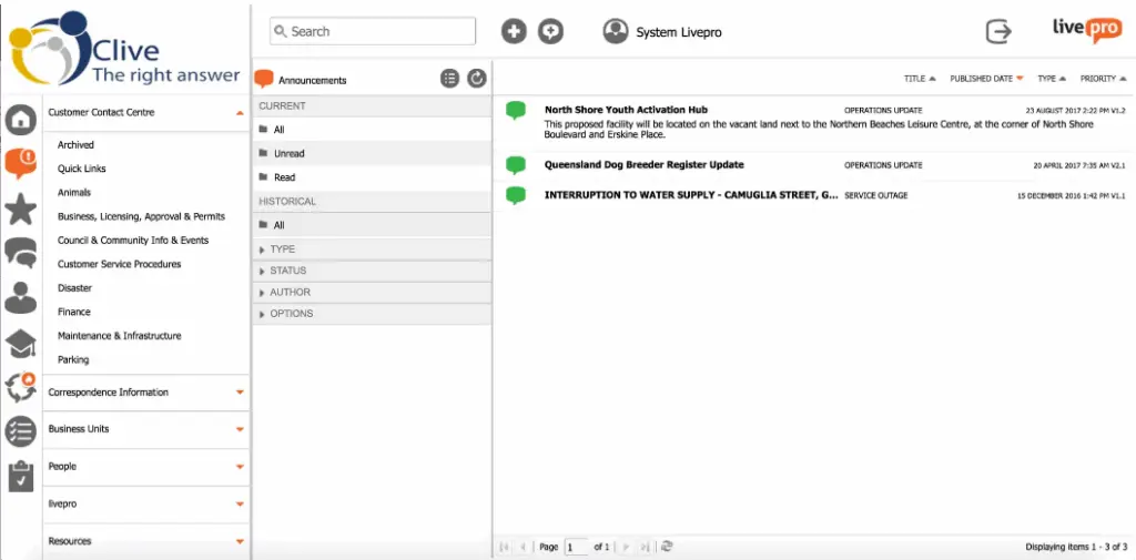Clive dashboard showing categorized announcements and updates with timestamps, emphasizing streamlined internal communication within customer service knowledge management systems.