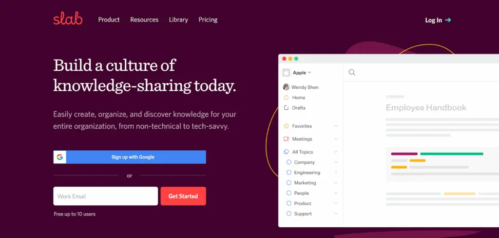 Slab homepage highlighting knowledge-sharing and organization tools with a workspace preview, showcasing modern documentation software among leading Confluence alternatives.