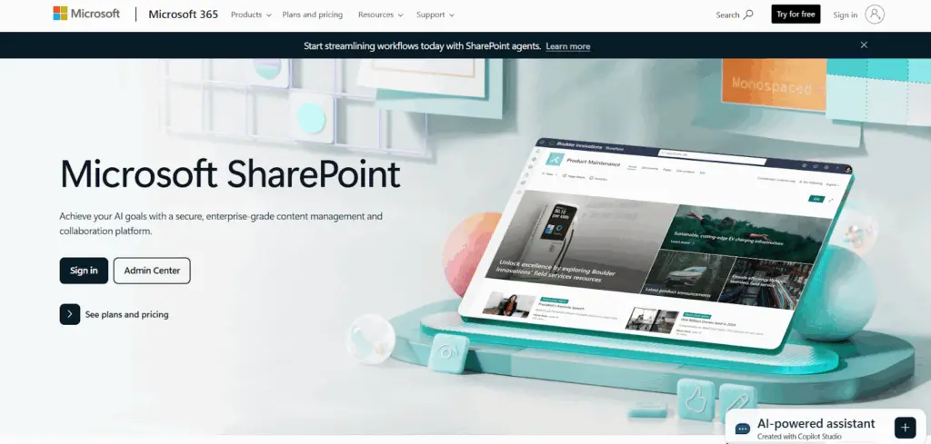 Microsoft SharePoint homepage showing enterprise-grade content management tools and collaboration features, representing one of the top Confluence alternatives for team productivity.