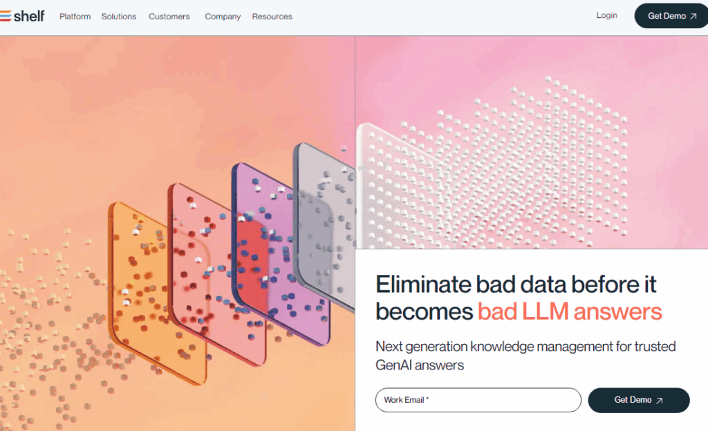 Shelf homepage showing colorful data layers with text about eliminating bad LLM answers, representing modern AI-driven shelf alternatives.