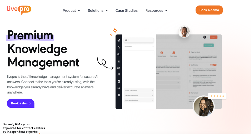 Livepro homepage promoting premium knowledge management software with user interface preview, illustrating top-rated shelf alternatives.