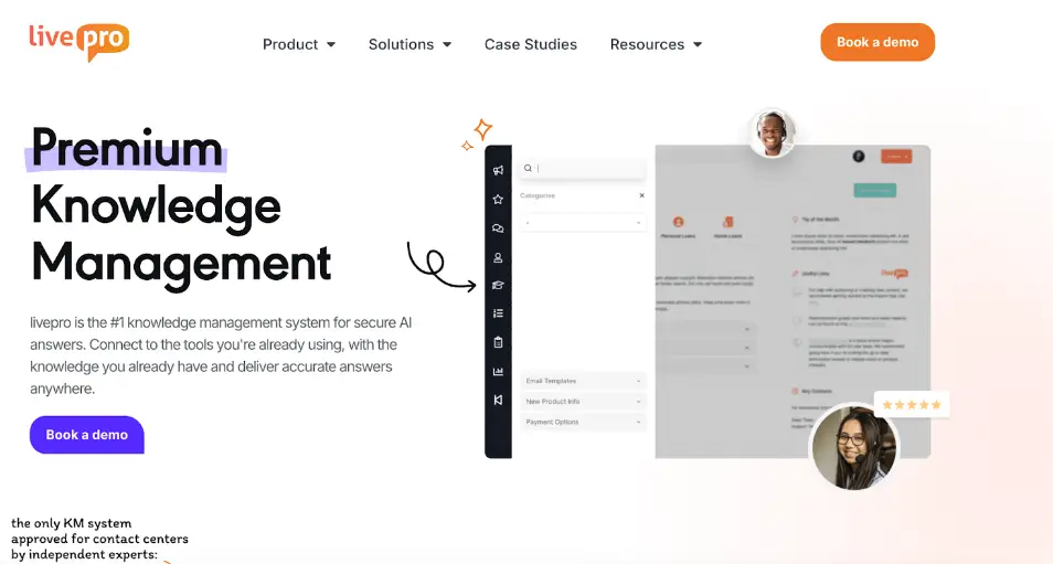Livepro homepage promoting premium knowledge management software with user interface preview, illustrating top-rated shelf alternatives.