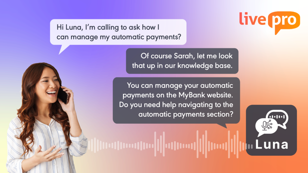 Image of a smiling woman talking to an AI assistant named Luna, shown providing answers about managing automatic payments—illustrating conversational AI support in customer service knowledge management systems.
