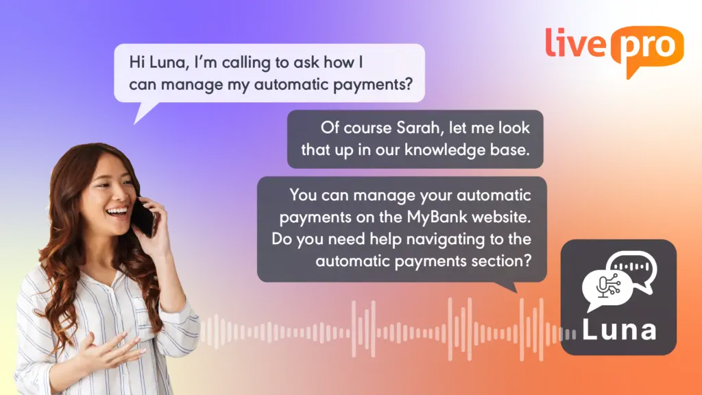 Image of a smiling woman talking to an AI assistant named Luna, shown providing answers about managing automatic payments—illustrating conversational AI support in customer service knowledge management systems.