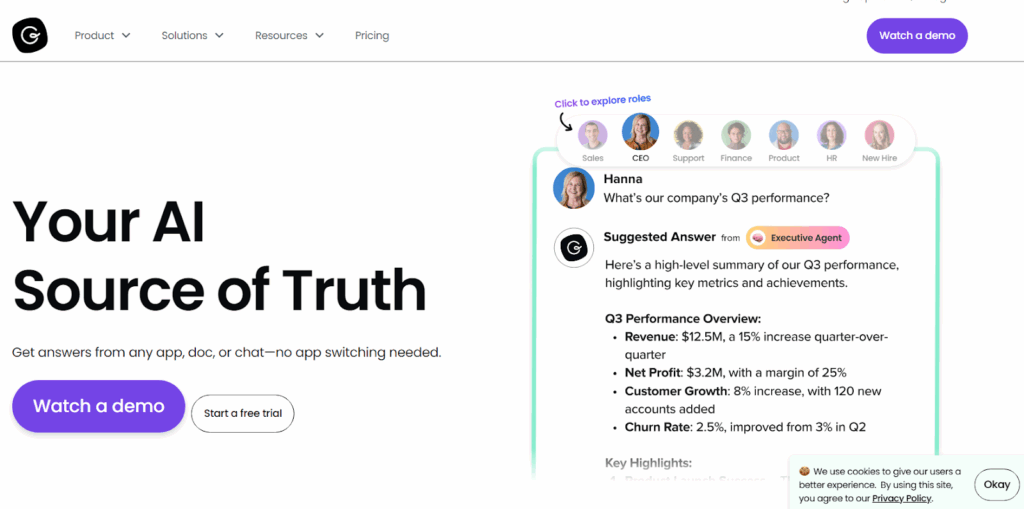 Guru homepage showing AI-generated business insights and performance summaries, emphasizing productivity benefits in shelf alternatives.