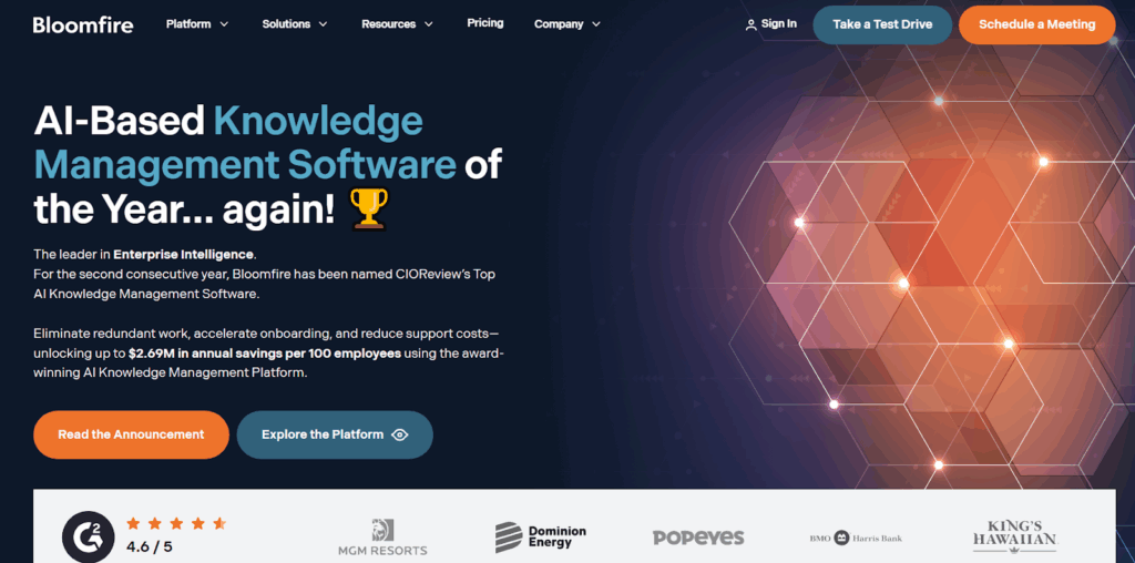 Bloomfire homepage featuring AI-based knowledge management software with enterprise solutions, demonstrating leading options among shelf alternatives.