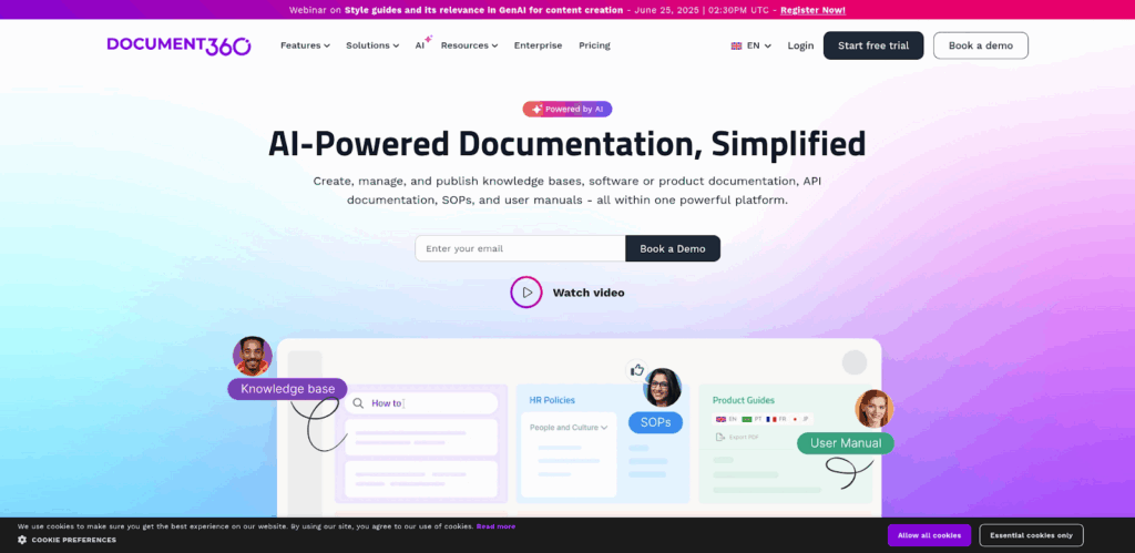 Document360 homepage displaying AI-powered documentation tools for knowledge bases and manuals, representing efficient solutions in shelf alternatives.