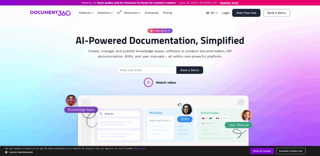 Document360 homepage displaying AI-powered documentation tools for knowledge bases and manuals, representing efficient solutions in shelf alternatives.
