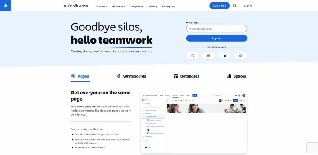 Confluence homepage highlighting teamwork and shared knowledge spaces, showcasing collaborative workspace tools in shelf alternatives.