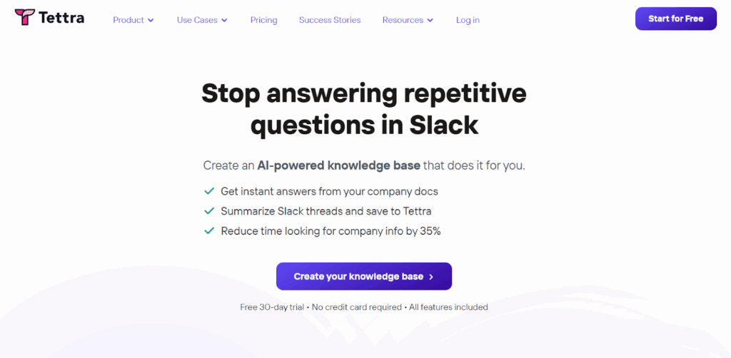 Tettra homepage showing AI-powered knowledge base for Slack integration, promoting smart team collaboration in shelf alternatives.