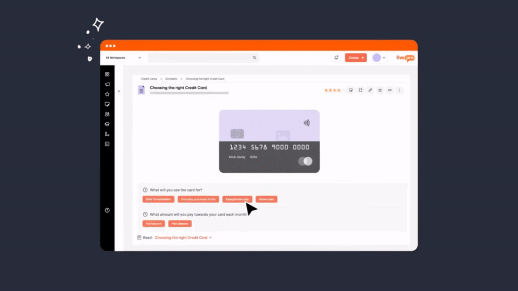 Interactive interface displaying a credit card selection tool inside Livepro, highlighting guided customer responses and knowledge-based decision support in customer service knowledge management systems.