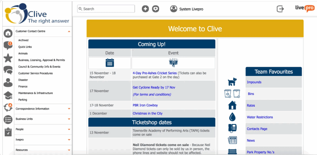 Dashboard from the Clive interface titled “Welcome to Clive” displaying upcoming events and quick links, showcasing centralized information sharing in customer service knowledge management systems.