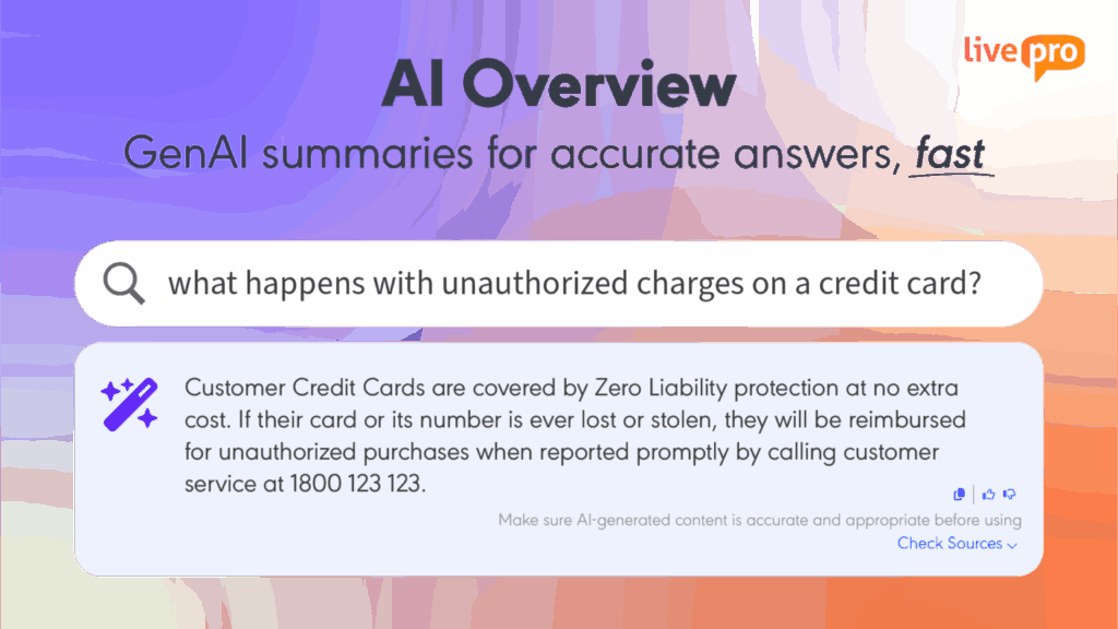AI Overview screen displaying an auto-generated answer to a credit card question, highlighting fast, accurate responses enabled by AI in customer service knowledge management systems.