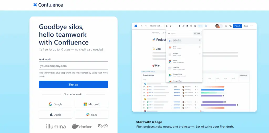 Confluence homepage featuring collaborative tools and project planning dashboard, highlighting the teamwork features that inspire many Confluence alternatives.
