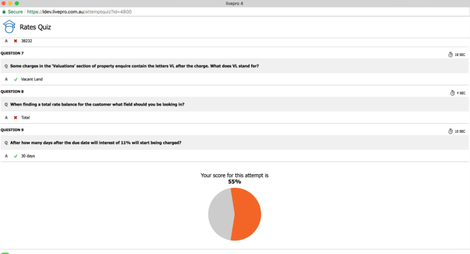 Screenshot of an online quiz titled “Rates Quiz” showing multiple-choice questions and a score summary pie chart, representing training and assessment tools in customer service knowledge management systems.