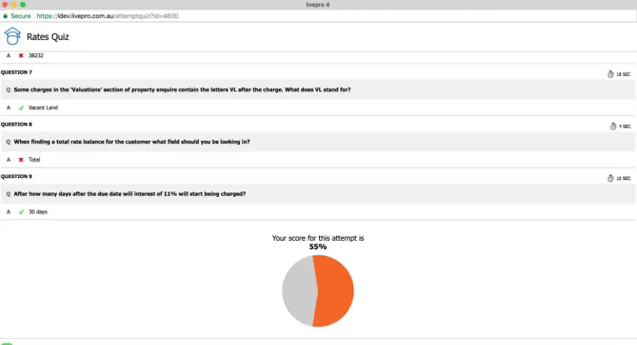 Screenshot of an online quiz titled “Rates Quiz” showing multiple-choice questions and a score summary pie chart, representing training and assessment tools in customer service knowledge management systems.
