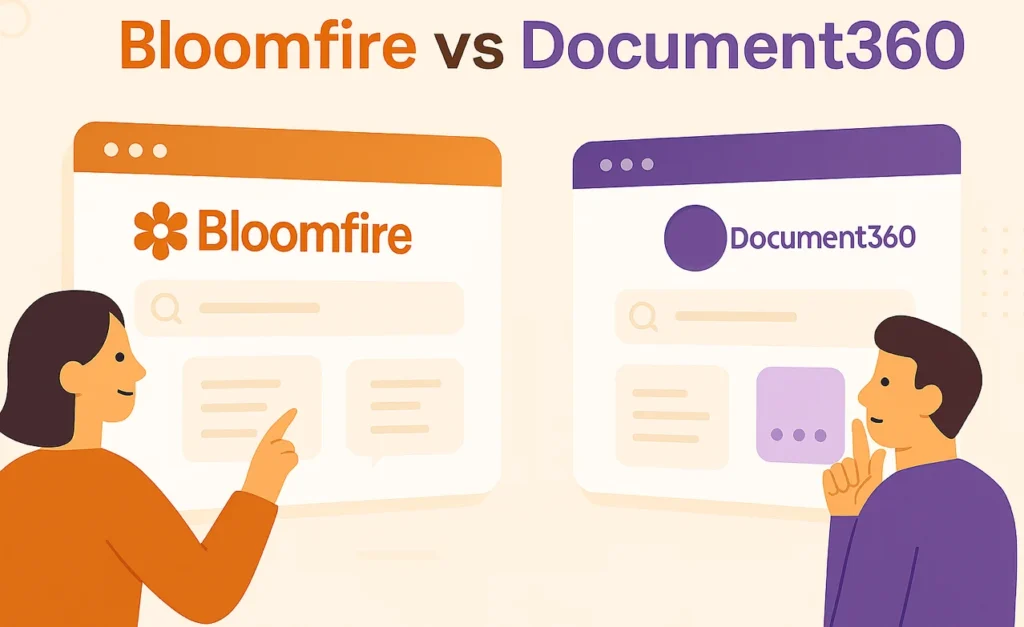 Illustration showing Bloomfire vs Document360 side-by-side with two people pointing at the software interfaces in orange and purple colors.