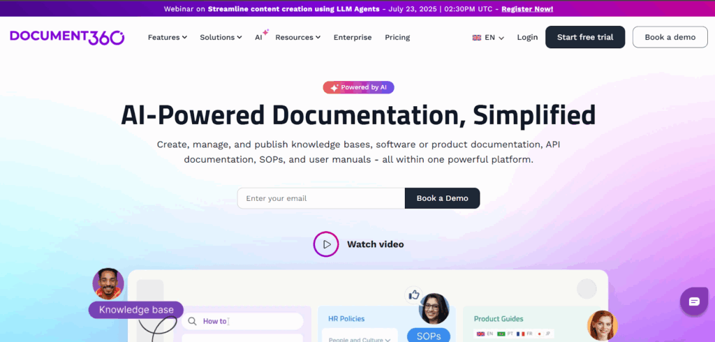 Homepage of Document360 showing AI-powered documentation tools and features compared in the Bloomfire vs Document360 review.