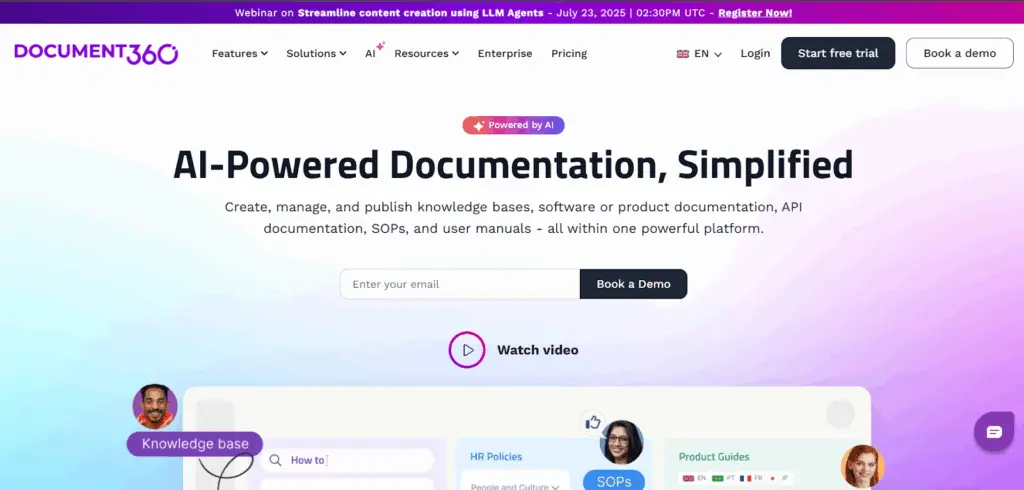 Homepage of Document360 showing AI-powered documentation tools and features compared in the Bloomfire vs Document360 review.