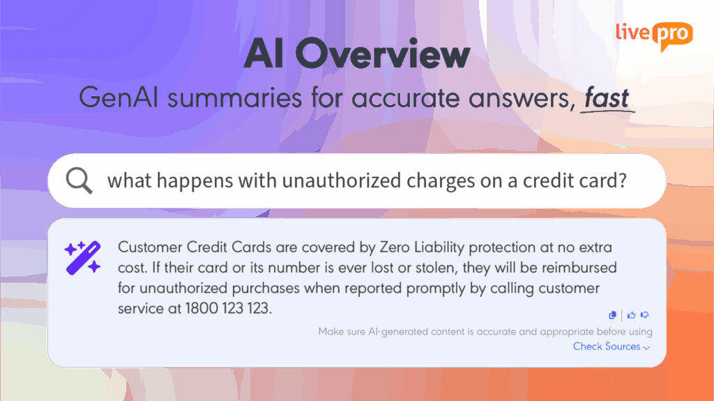 Livepro AI Overview screen showing an answer generated for a customer credit card question, highlighting smart AI in Bloomfire vs Document360.