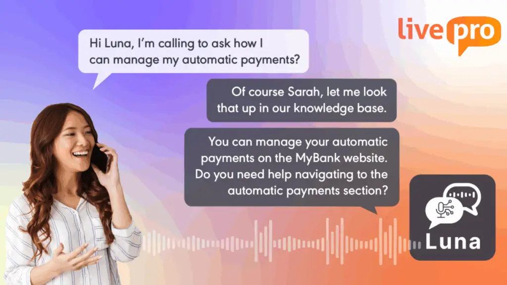 Livepro AI assistant conversation example with a customer asking about managing payments, demonstrating automation benefits in Bloomfire vs Document360 analysis.