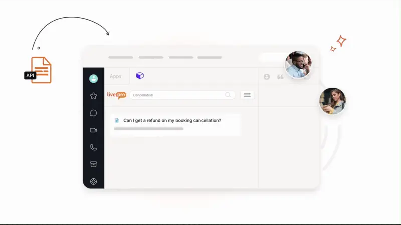Animated Livepro interface showing a customer support query handled automatically, used to compare automation in Bloomfire vs Document360.