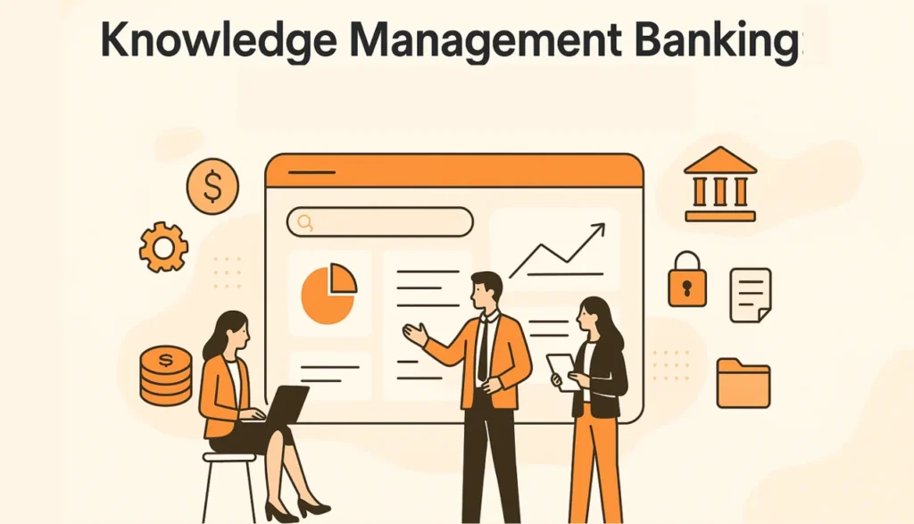 Illustration of professionals analyzing financial data on a large dashboard, representing digital transformation and knowledge management in banking.